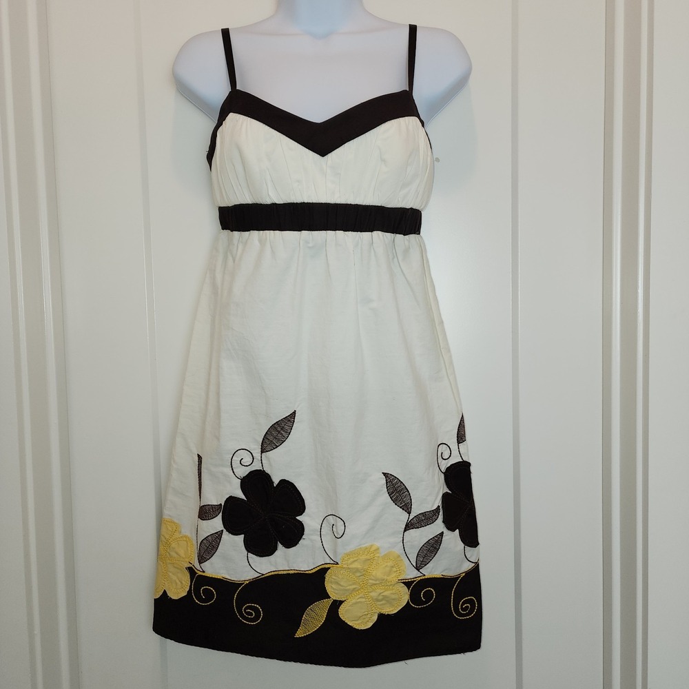 Vintage Y2K Jr 3‎ Brown Yellow Embroidered Babydoll Dress Boho Fairy Soft Grunge